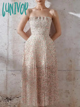 Lunivop French Style Summer Vintage Floral Pleated Dress Women Spaghetti Strap High Waist Beach